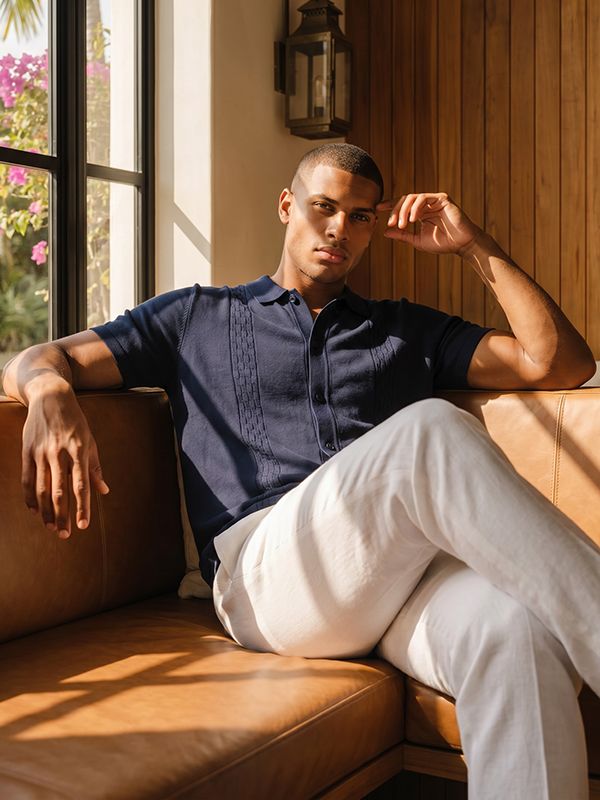 Model Wearing Cubavera Pattern Shirt with Beige Linen Drawstring Pants and a Hat